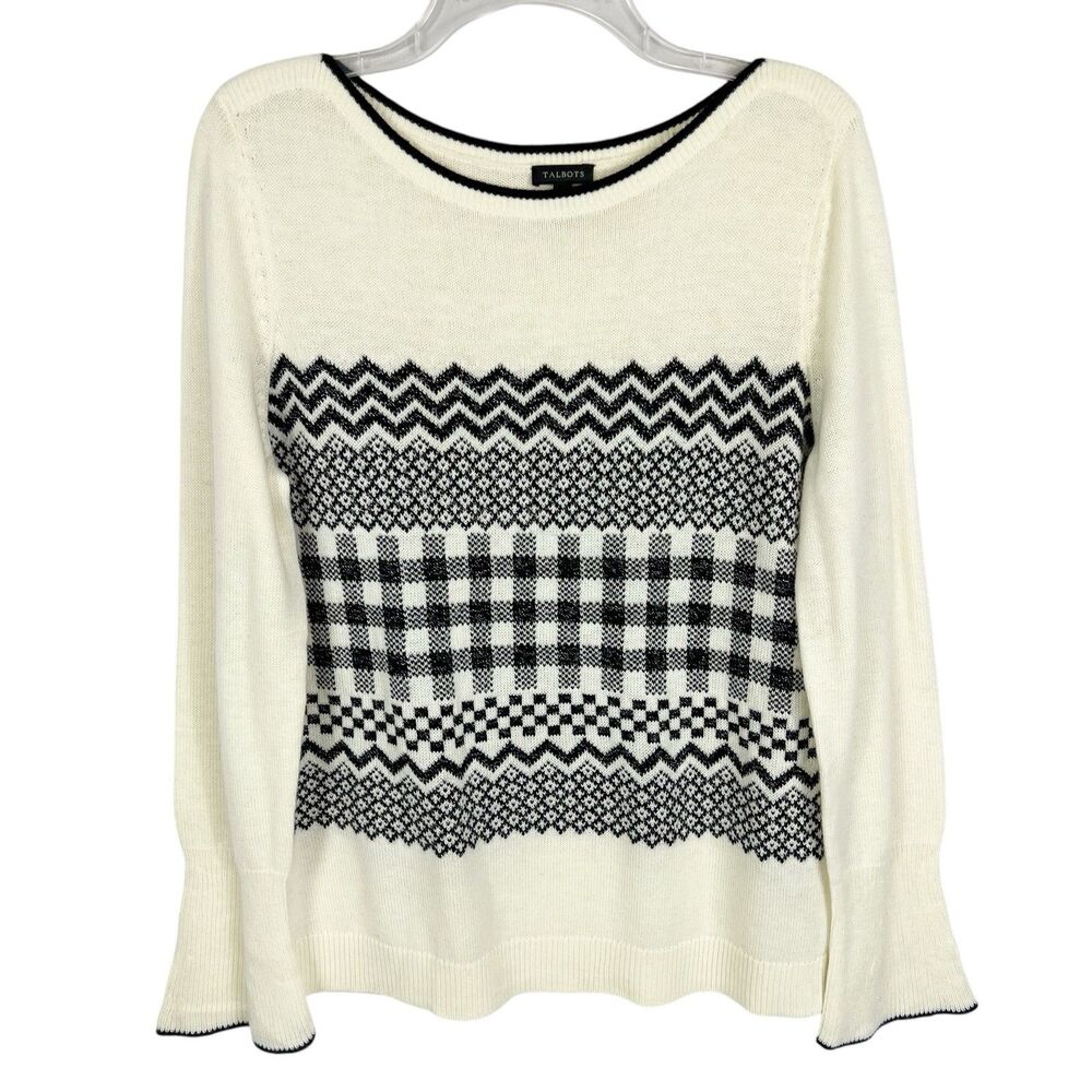 Talbots Cream Black Silver Gingham Check Wool Blend Pullover Sweater Large